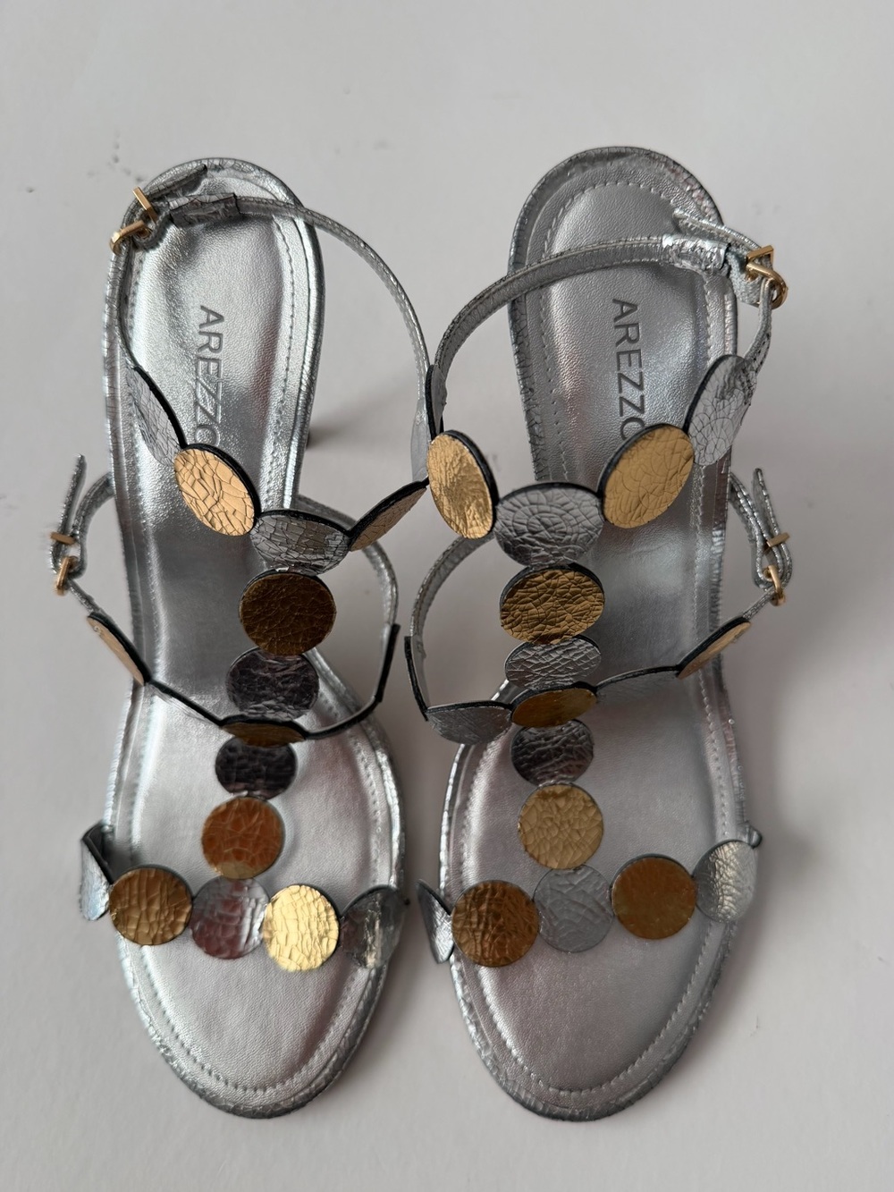 Arezzo Metallic Silver Sandals with Gold Disc Accents